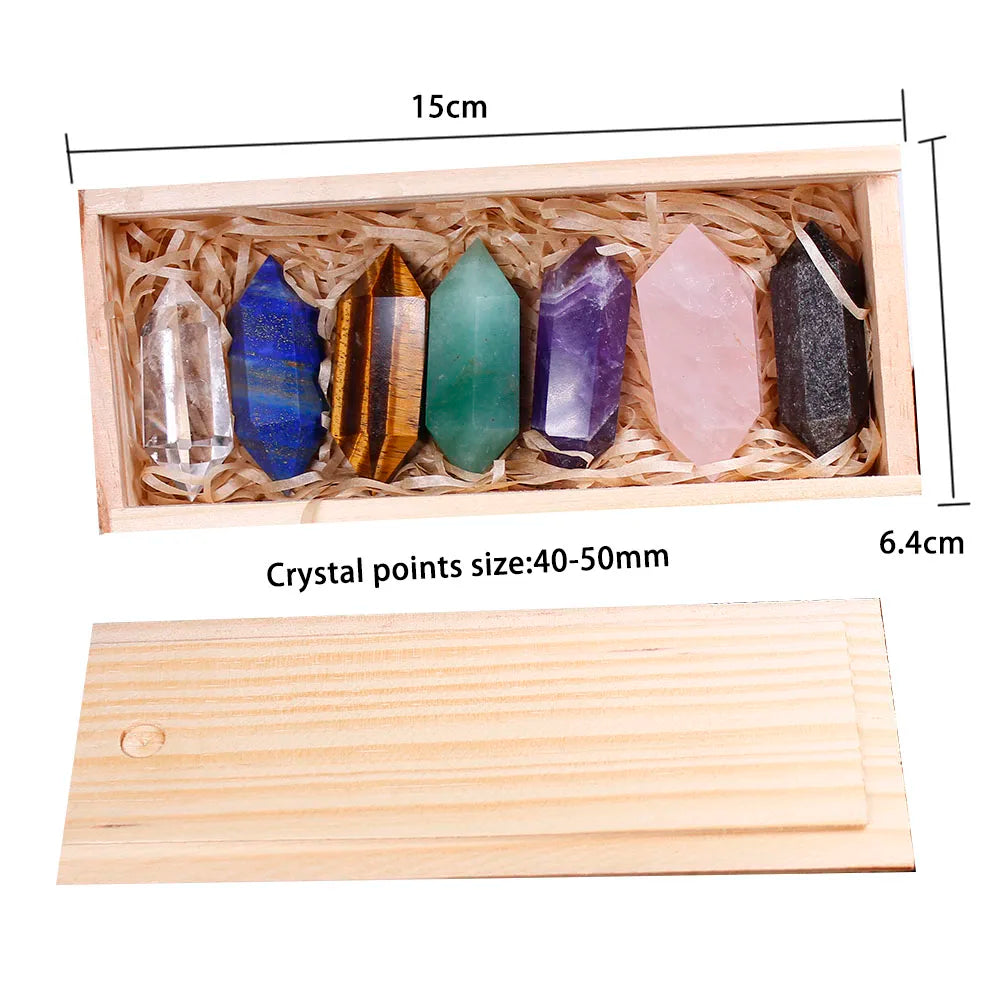 1 set Wooden box Seven Chakela crystal Decorative Natural Hand Carved Double crystal points quartz wand pillar for healing Wand