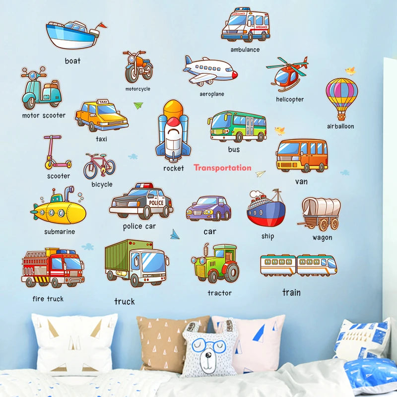 Cartoom 3D Early Education Cars Plane Ship Words Wall Decor Decal For Bedroom Kid Room Transportation Poster Mural Wall Stickers