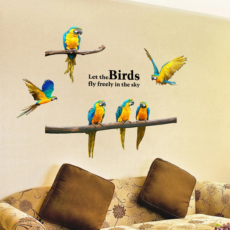 Creative Lovely 3D Parrot Stickers Decorative Removable Wall Sticker For livingroom bedroom Decor Mural Decal