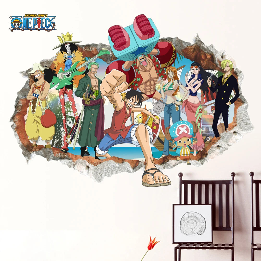 Cartoon anime poster Luffy Broken wall 3d effect wall stickers for kids room Wall decals One Piece Posters kids Gift Mural