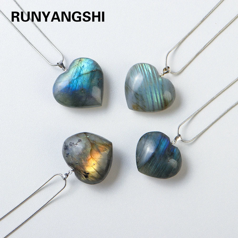 Natural crystal Labradorite Heart Shaped  Rough Polished Pendant Flowing light necklace Crafts Stone Hanging Ornament
