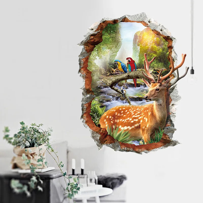 Creative 3D Broken Hole Landscape Deer Wall Sticker Bedroom Room Decoration Self Adhesive Adesivi Murali