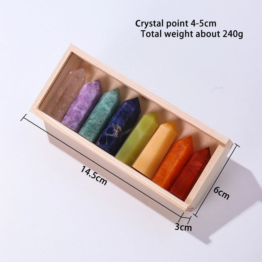 8pcs/set Chakra Array Crystal Points Natural Quartz Hexagonal Prism Healing Wand Wooden Gift Box