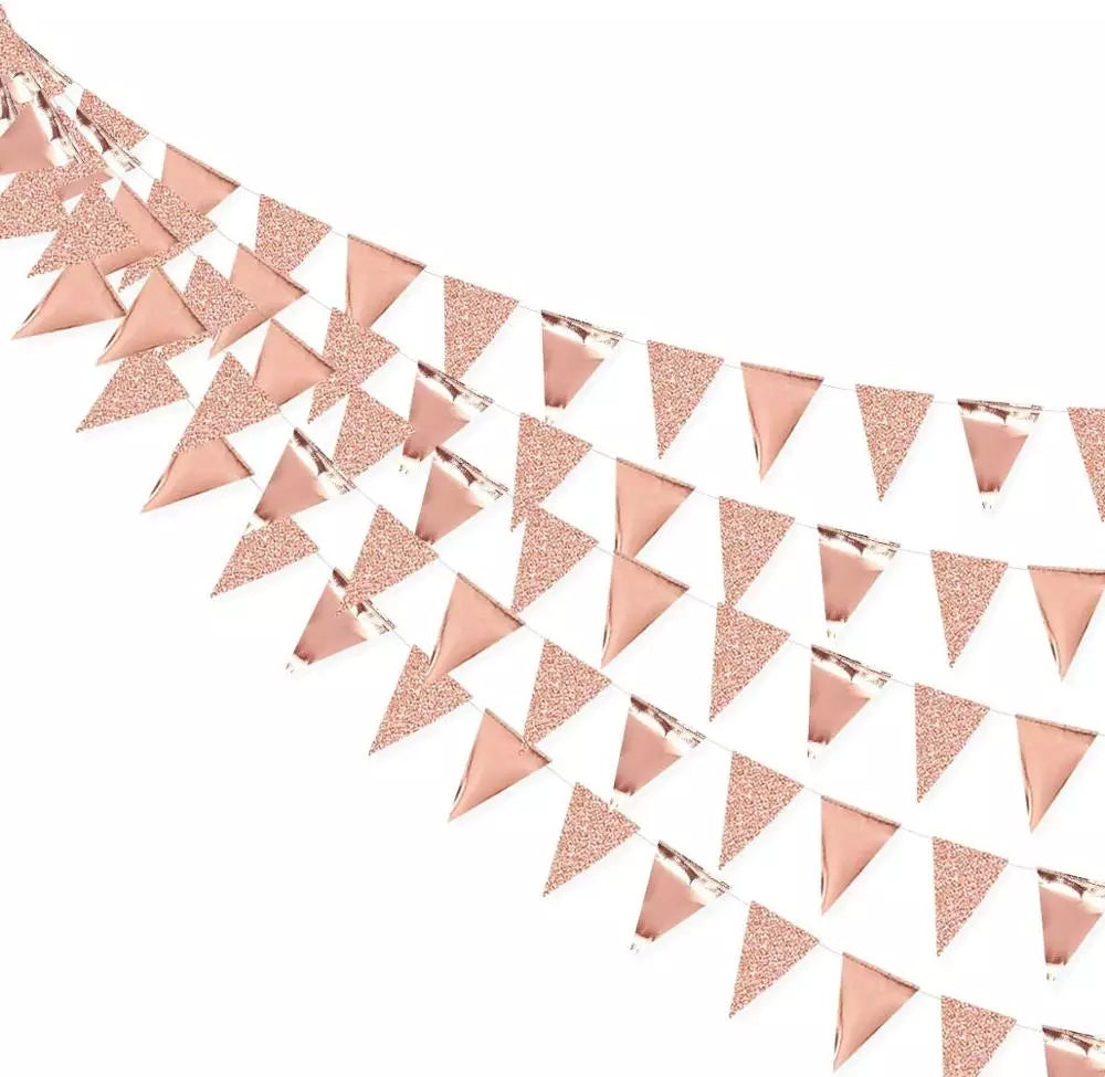 3m Rose Gold Paper Bunting Triangles Flags Marriage Garlands Wedding Banners Graduation Baby Shower Birthday Party Hanging Decor