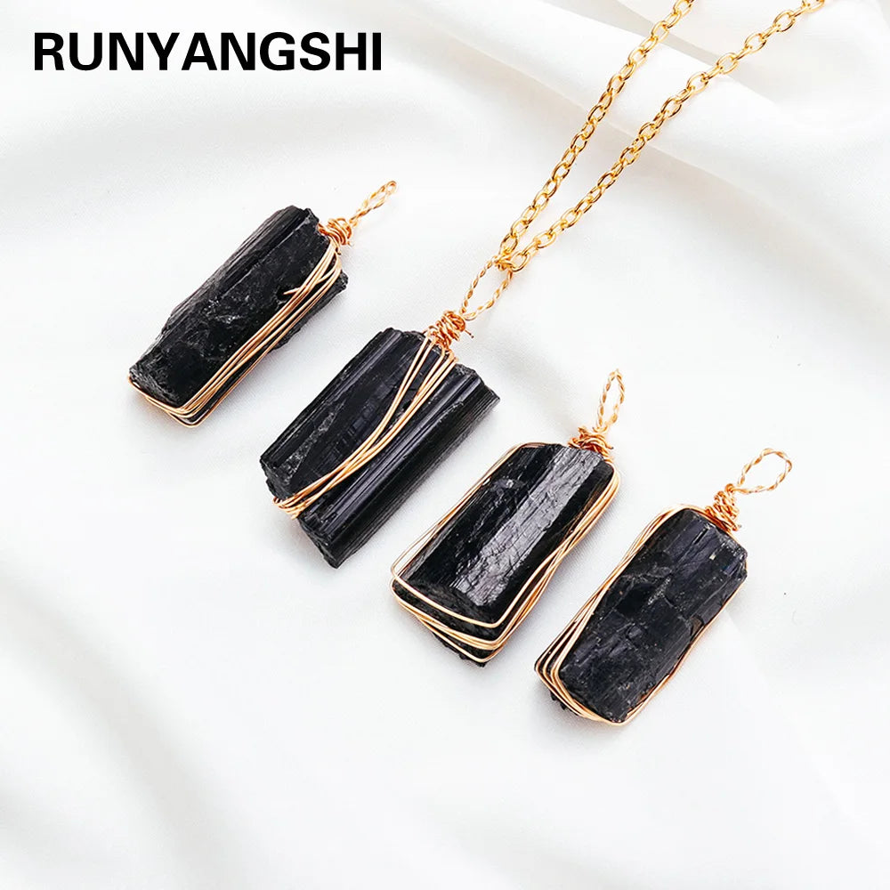 Natural Reiki Gemstone Pendant Black Tourmaline Raw Stone Gold Wire Pendant Energy Quartz Necklace Handmade DIY Jewelry Gift