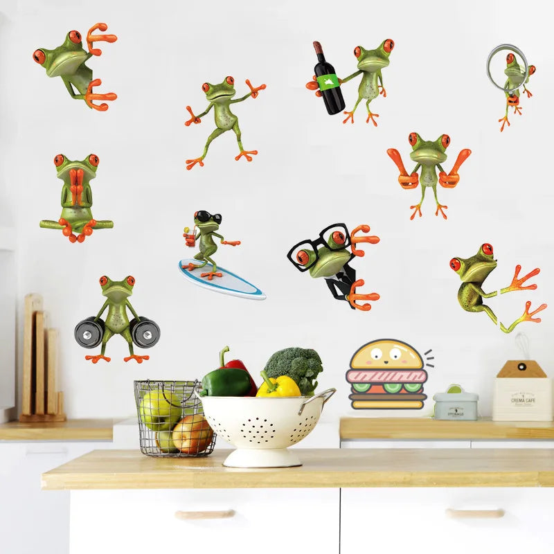 Cartoon Funny 10 Pose Frog Wall Stickers For Car Toilet Refrigerator Boys Bedroom Home Decoration Diy Hole Wall Mural Pvc Decals