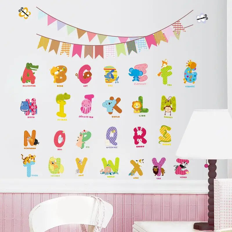 Alphabet Colorful Flags Animals Wall Stickers Kids Room Decoration Diy Wall Decals Art Peel And Stick Party Decor