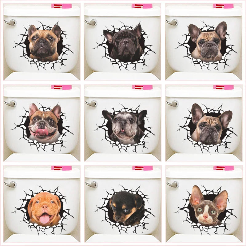 Cute Dogs' Expression Toilet Stickers For Washroom Decoration Diy Vivid 3d Rip Pattern Mural Cartoon Art Creative Pvc Home Decal