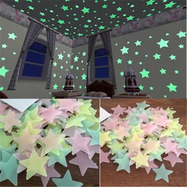 50pcs 3D Stars Glow In Dark Luminous Fluorescent Plastic Wall Sticker Home Decor Decal Wallpaper Decorative Special Festivel