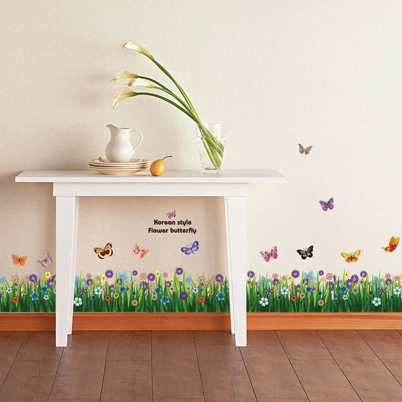 Flowers Grass Fence Butterflies Wall Stickers Living Room Decoration Diy Plant MuralCreative Baseboard Posters  Art Home Decals