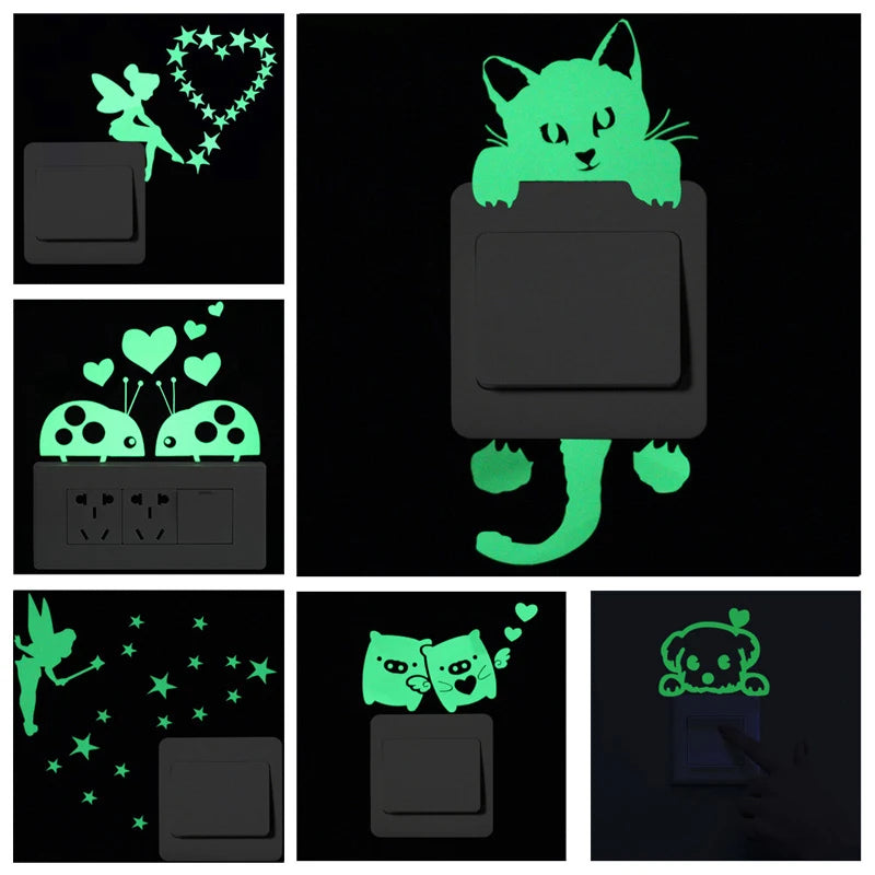 Cartoon Luminous Switch Sticker Glow in the Dark Wall Stickers Home Decor Kids Room Decoration Sticker Decal Cat Fairy Moon Star