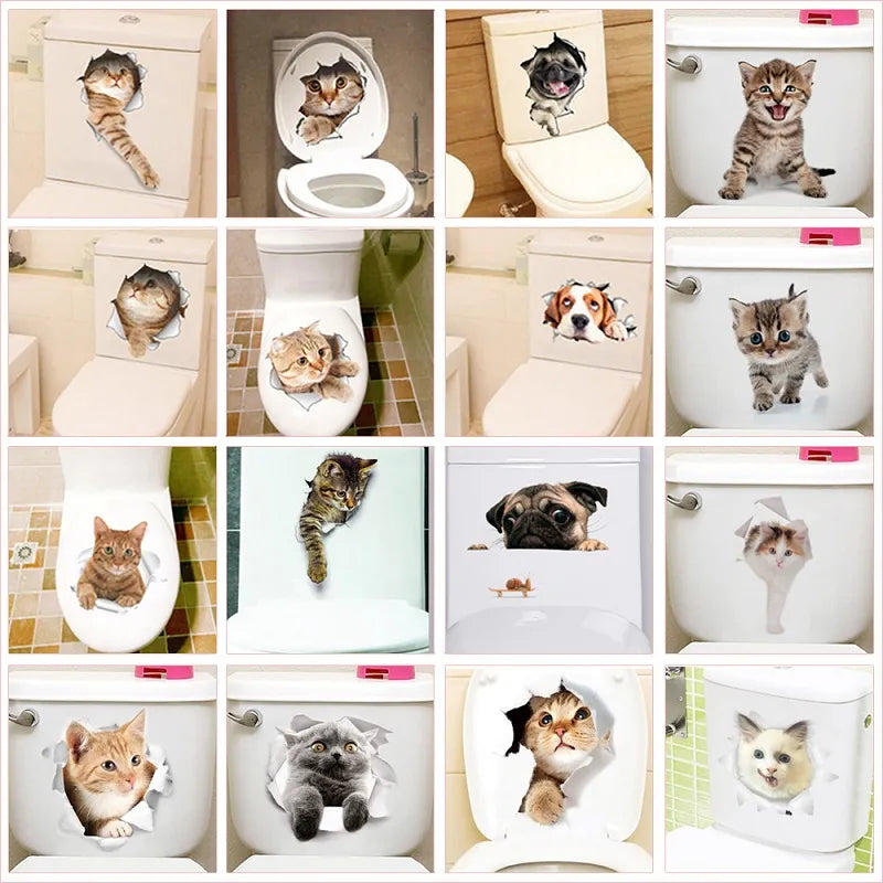 Lovely Cat & Dog Toilet Stickers Home Decoration Diy Funny Cartoon Animal Wc Mural Art Vivid 3d Kitten Puppy Safari Pvc Wall Decal