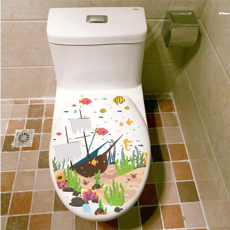 Sealife Fish Toilet Seat Stickers Home Decoration Diy  3d View Pvc Decals Flower Underwater Scenery Mural Art Bathroom Room