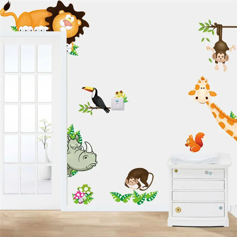 Jungle Animals 3d Wall Decal For Kids Room Decorative Sticker Diy Cartoon Home Decoration Mural Art Safari Poster Baby Gift