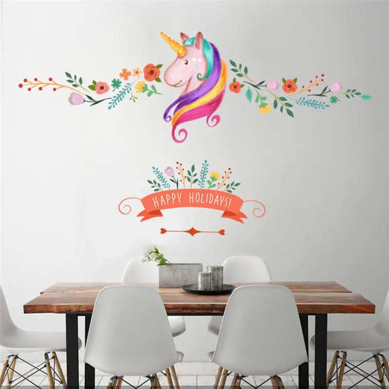 Unicorn Horse Flower Vine Wall Stickers Living Room Bedroom Ar Diy Home Decals Happy Holidays Party Decoration Animals Mural