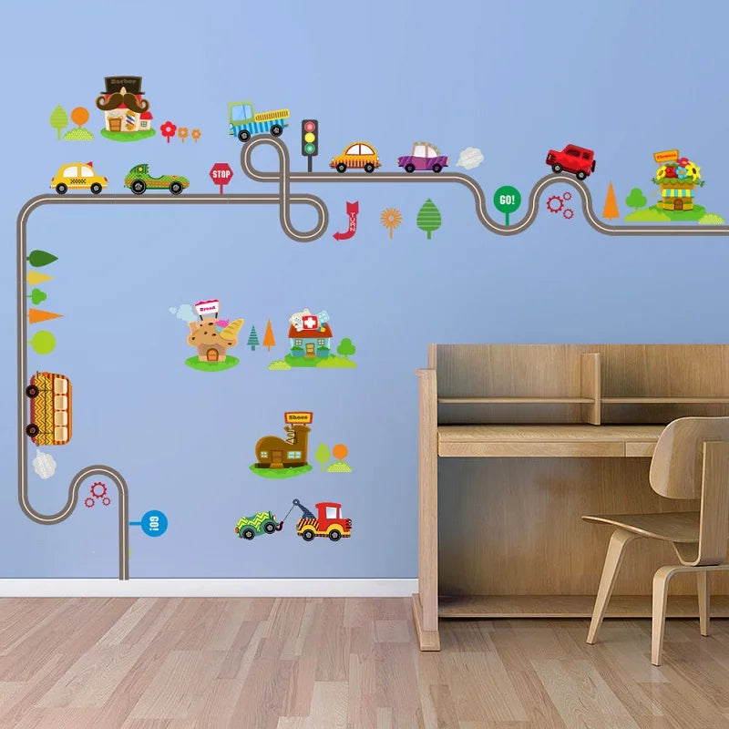 Cartoon Highway Track Cars Wall Stickers For Kids Rooms Sticker Children's Play Room Bedroom Decor Wall Art Decals