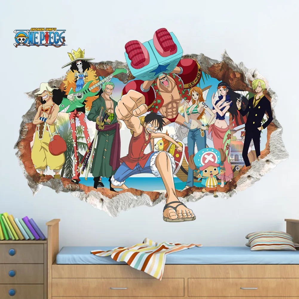 Cartoon anime poster Luffy Broken wall 3d effect wall stickers for kids room Wall decals One Piece Posters kids Gift Mural
