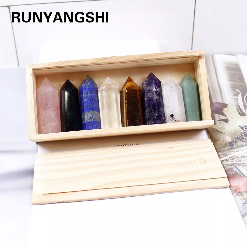 1 set Wooden box gift box High quality Decorative Natural Hand Carved crystal points quartz wand pillar for sale healing Wand