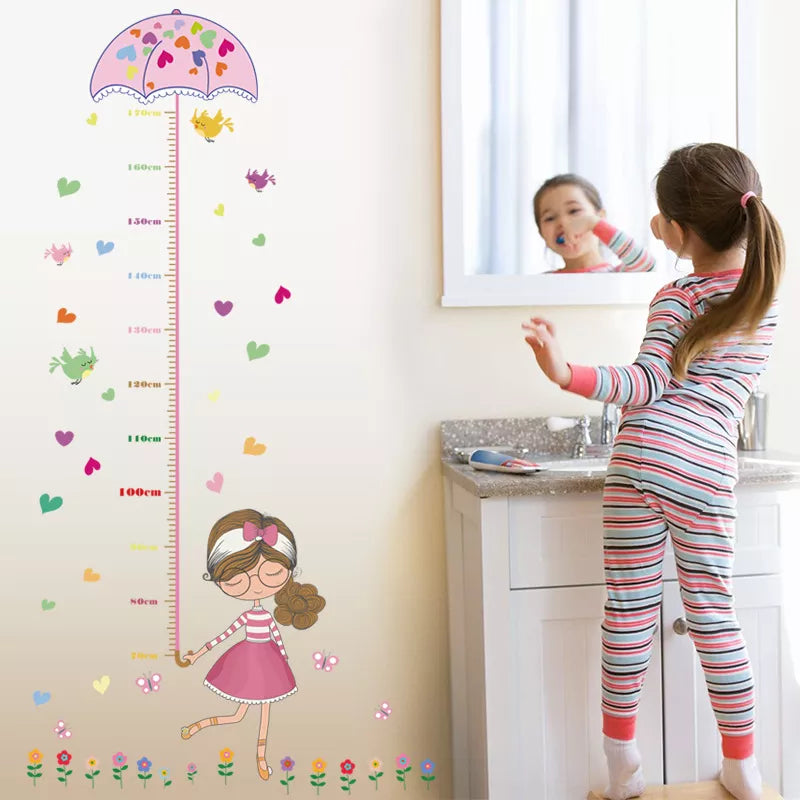 Lovely cartoon measurement height wall stickers umbrella For girls bedroom flower butterfly bird heart decor diy wallpaper decal