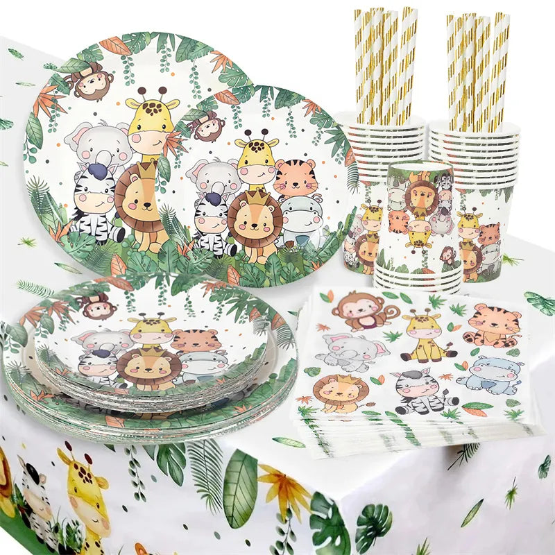 Jungle Birthday Party Decor Animal Palm Leaves Tablecloth Cups Plate Wild One Woodland Safari 1st Kids Birthday Party Decoration