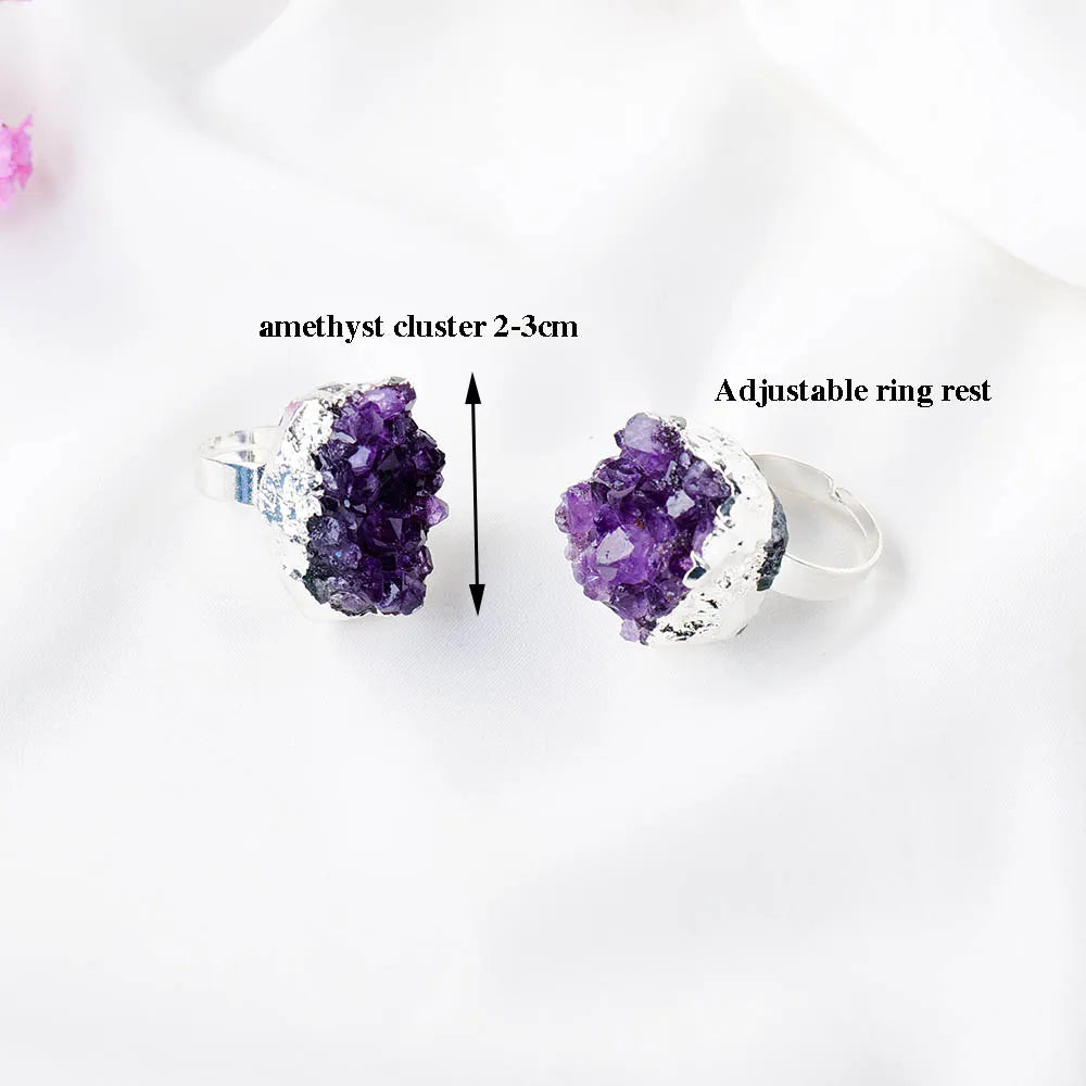 New Stylish Silver Plated Natural Amethyst Cluster Crystal Stone Resizable Crystal Ring Fashion Jewelry Ring 1PCS