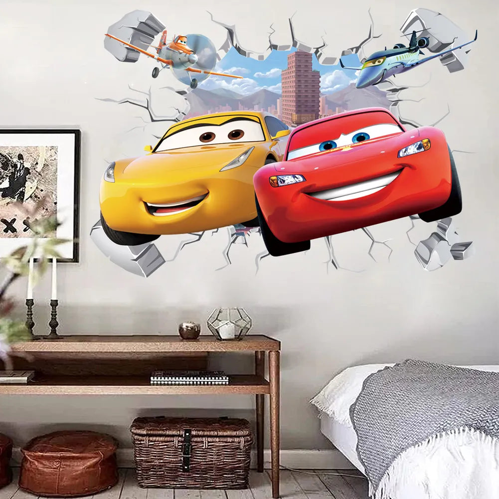 3D Brokenwall Lightning McQueen Cartoom Cars Wall Decor Decals For Boy Bedroom Kid Room Wallpaper Poster Mural Wall Stickers