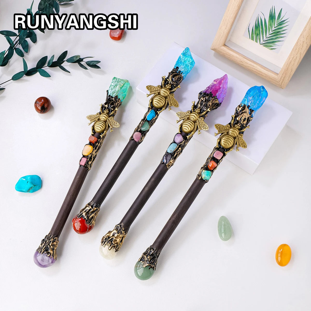 1PC Natural Stones Magic Wand Aura Rainbow Color Raw Stone Crystal Scepter Mica Fairy Wand Wizard Witch Accessories