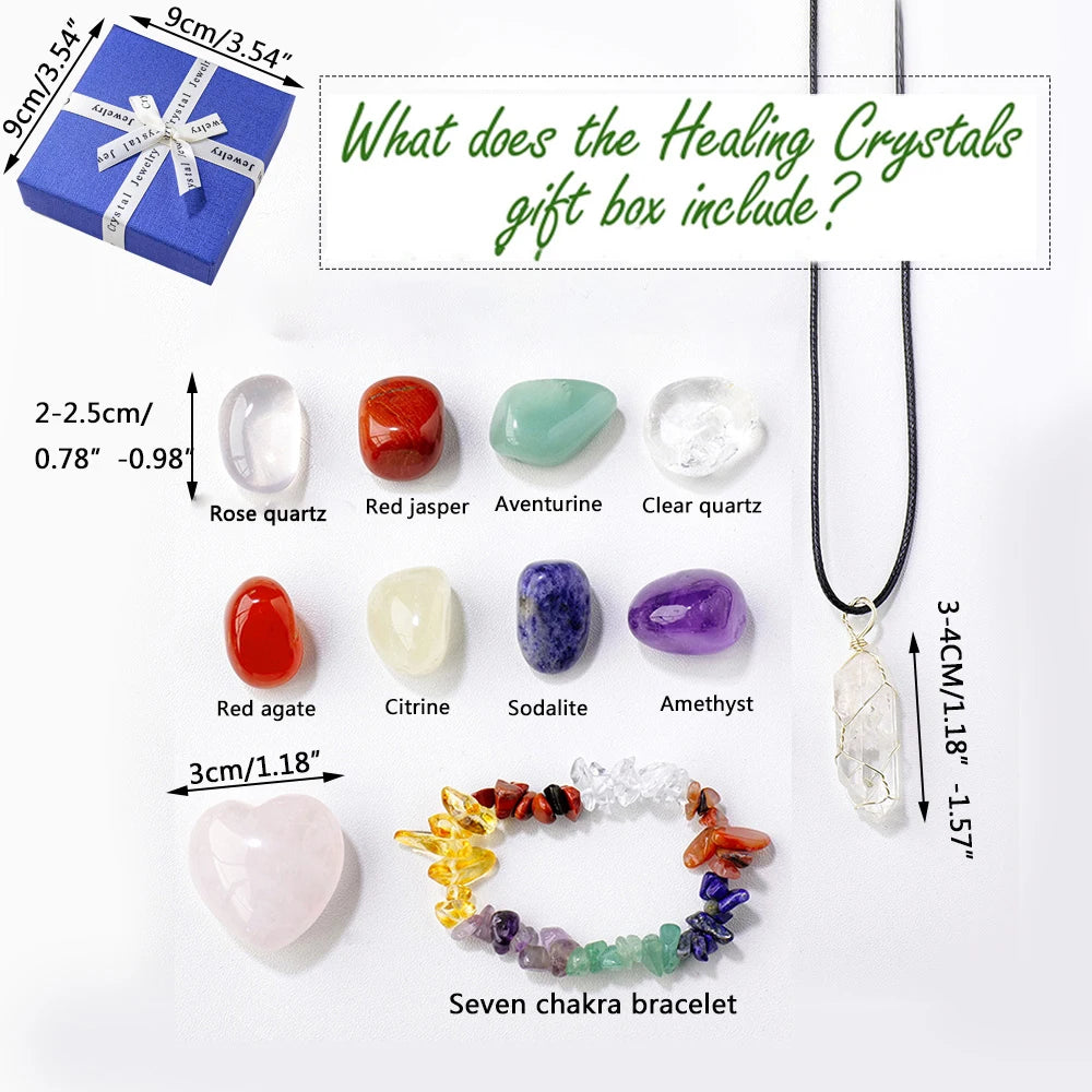 11pcs / box Natural Seven Chakra Therapy Stone Rose Quartz Healing Gemstone Bracelet Crystal Heart Chakra Box