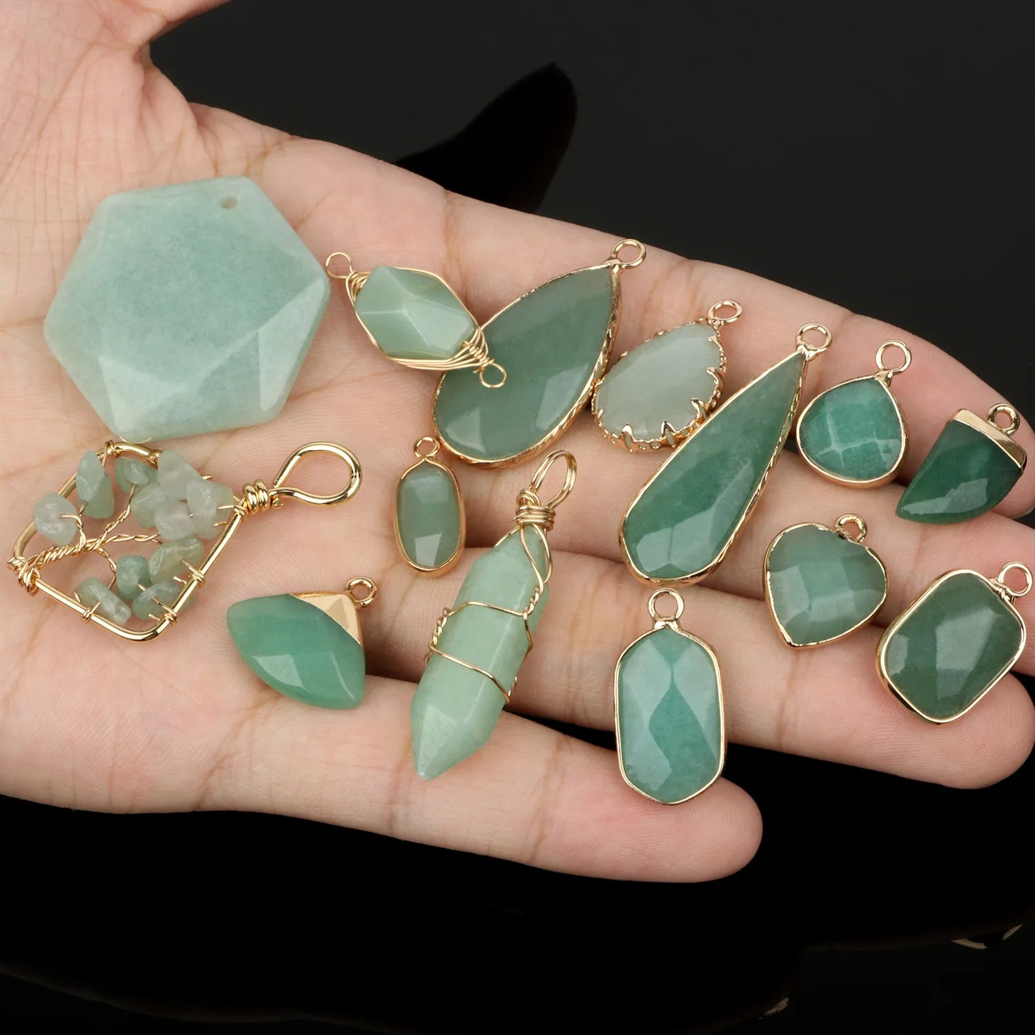 1 pc Natural Green Aventurine Jades Pendant Gold Plated Multi Styles Charms Pendants for Necklace Women DIY Jewelry Accessories