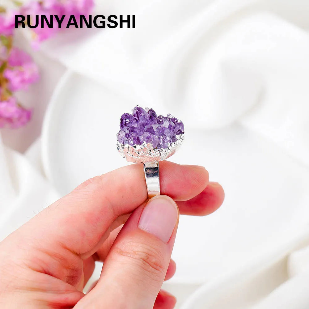 New Stylish Silver Plated Natural Amethyst Cluster Crystal Stone Resizable Crystal Ring Fashion Jewelry Ring 1PCS